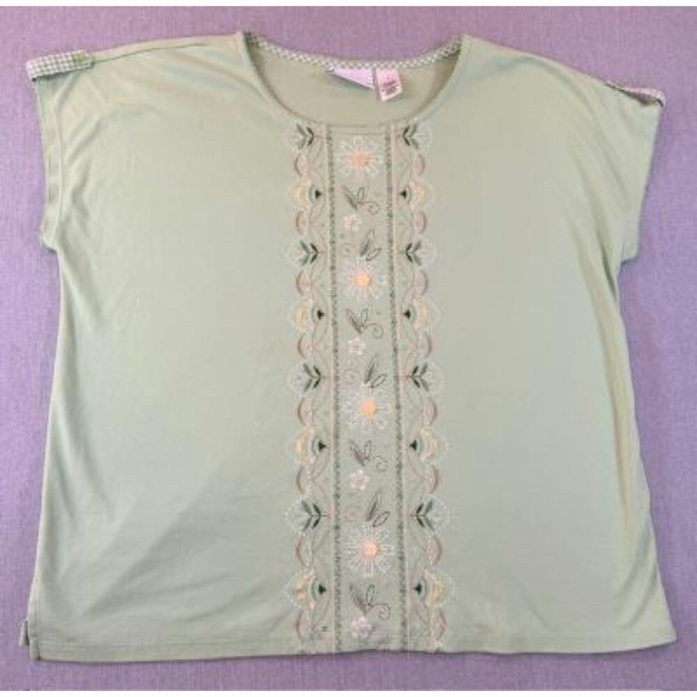 Alfred Dunner Sage Green Embroidered Beaded Daisy Shirt Womens L